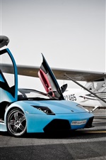 Lamborghini azul supercarro, aeroporto, avião