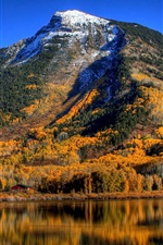 Blue sky, lake, mountains, trees, autumn