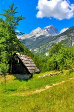 Preview iPhone wallpaper Slovenia, house, trees, grass, sky, clouds, mountains