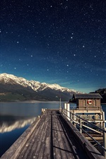 Lake, cais, montanhas, céu, estrelas, noite