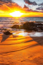Preview iPhone wallpaper Sea, waves, beach, rocks, stones, clouds, sunrise, shadow