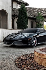 Предварительный просмотр обоев iPhone Ferrari F430 черный суперкар, дом, фонтан