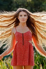 Preview iPhone wallpaper Hair flying, red dress girl