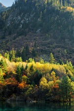Preview iPhone wallpaper China, Jiuzhaigou, trees, mountains, lake, autumn
