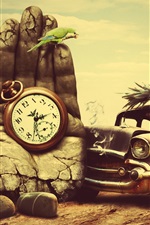 Preview iPhone wallpaper Cat driving a car, stone hand, clock, creative design