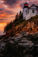 Preview iPhone wallpaper Lighthouse, evening, sunset, sea, red sky, clouds, glow, USA