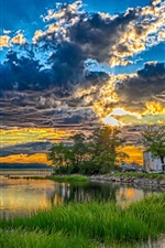 Preview iPhone wallpaper Lake, trees, grass, house, clouds, sunset