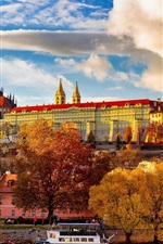 Preview iPhone wallpaper Czech Republic, Prague, trees, river, boats, buildings, autumn