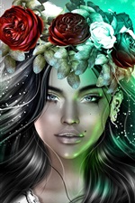 Девушка-фантазия, венок, черные волосы, крылья, ангел