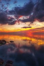 Preview iPhone wallpaper Beautiful sunset, nature landscape, lake, stones, clouds, red sky