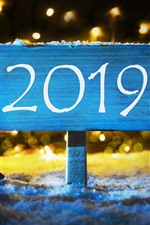 New Year 2019, signboard, trees, snow