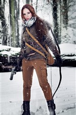 Preview iPhone wallpaper Cosplay girl, Tomb Raider, Lara, gun, bow, snow, trees
