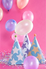 Visualizar papel de parede do iPhone Alguns balões coloridos, chapéu, decoração, aniversário