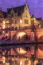 Belgium, Ghent, bridge, river, lights, houses, night