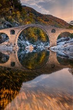 Bulgaria, Devil's Bridge, mountain, trees, river, water reflection, autumn