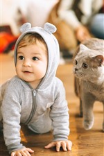 Preview iPhone wallpaper Cute baby and cat, floor