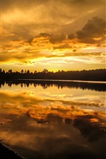 Preview iPhone wallpaper Sunset, sky, clouds, tree, lake, water reflection