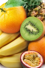 Preview iPhone wallpaper Banana, kiwi, orange, pineapple, fruit, white background