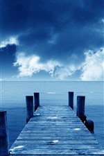 Pier, bridge, sea, blue, sky, clouds, coast