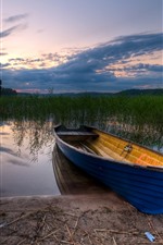 Preview iPhone wallpaper Boat, river, grass, dusk, clouds