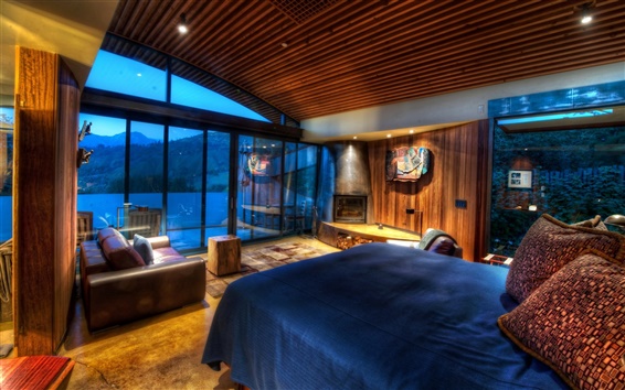 Wallpaper Home design, bedroom, bed, sofa, wood walls, window, lights
