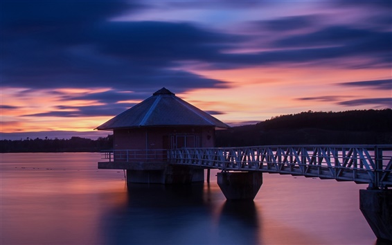 Wallpaper Sunset scenery, lake, house, bridge, purple sky