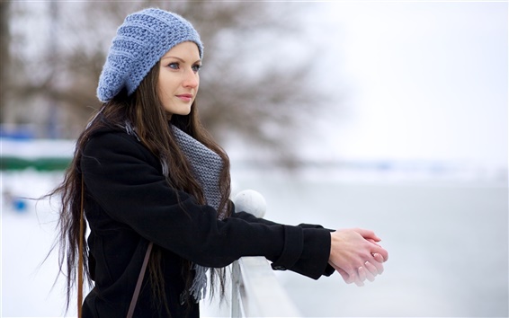 Wallpaper Winter beautiful girl, blue hat