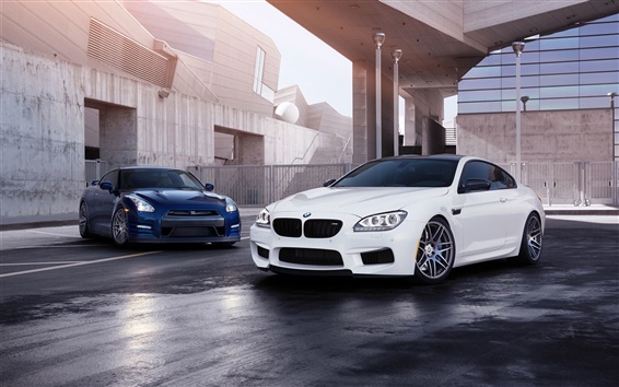 Wallpaper White BMW M6 and blue Nissan GT-R cars