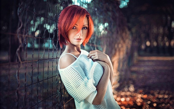 Wallpaper Red hair fashion girl, portrait, fence