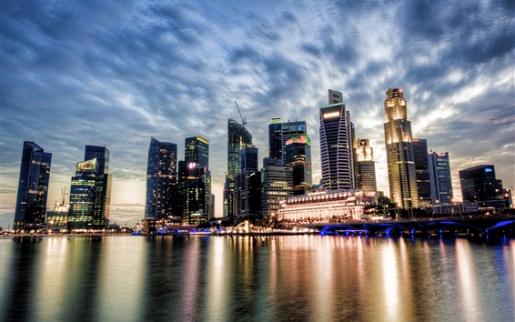 Wallpaper Singapore, city view, sunset, skyscrapers, clouds, river, water reflection
