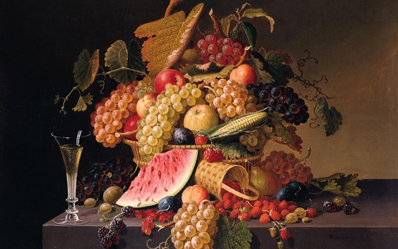 Wallpaper Berries, grapes, apples, watermelon, Paul Lacroix painting