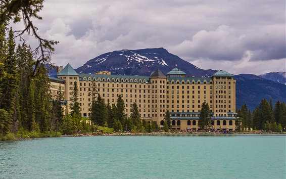 Papéis de Parede Banff, parque, montanhas, hotel, Nuvens, lago, Alberta, Canadá