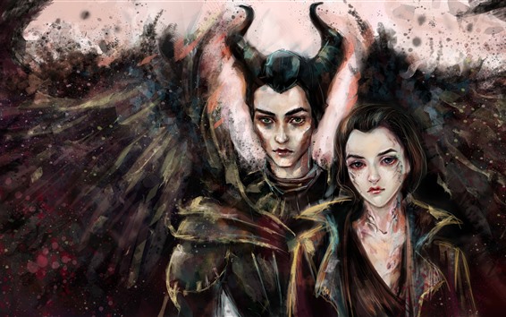Wallpaper Maleficent, sorceress, wings, horns, girls, art painting