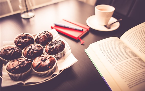 Wallpaper Some chocolate cakes, book, coffee