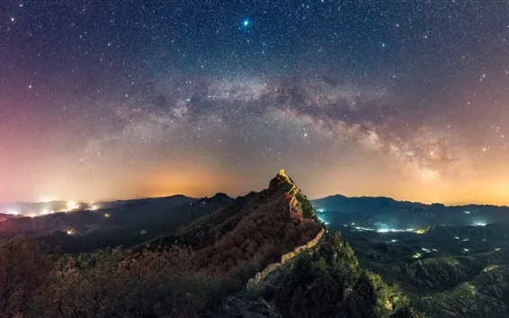 Fond d'écran Montagnes, le grand mur, étoiles, étoilé, ciel, nuit, chine
