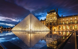 Preview wallpaper France, Paris, Louvre Museum, architecture, pyramid, night, water, lights