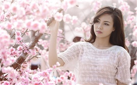 Flores de cerezo rosa, ropa Muchacha asiática blanco