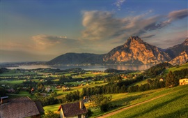 Preview wallpaper Austria, town, mountains, rocks, river, forest, house, morning