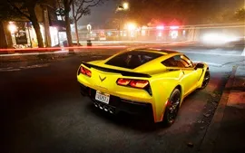 壁紙のプレビュー 夜の街でシボレーコルベットスティングレイクーペC7のスーパーカー
