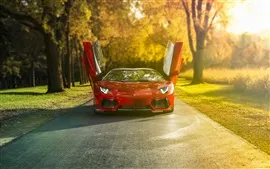 壁紙のプレビュー ランボルギーニアヴェンタドールLP700-4赤スーパーカー、朝日