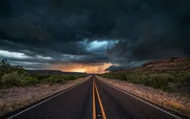 壁紙のプレビュー アメリカ、テキサス州、道路、アスファルト、夕方、雲、嵐