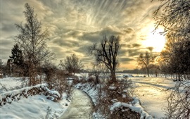Invierno, nieve, río, árboles, cielo, nubes, puesta del sol
