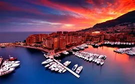Aperçu fond d'écran Monaco, coucher de soleil, ville, maison, baie, bateaux