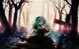 壁紙のプレビュー 青い髪アニメの女の子、演奏バイオリン、花、木