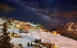 壁紙のプレビュー 冬、山、空、夜、星、家、ライト