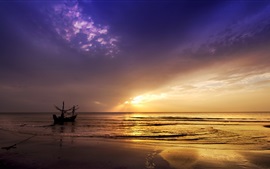 Закат, море, лодка, природа пейзаж