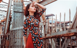Colorful dress Asian girl, fence