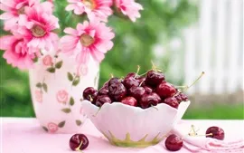 Aperçu fond d'écran A cerises de bol, fleurs roses