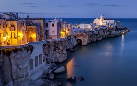 Itália, Mar Adriático, Vieste, cidade, noite, casas, luzes