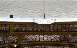 Stadsbiblioteket, Стокгольм, библиотека, много книг, люстры